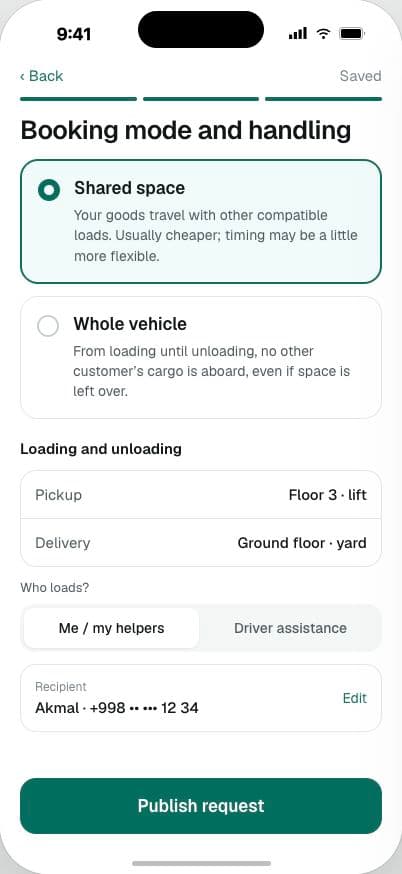 Booking mode and handling screen