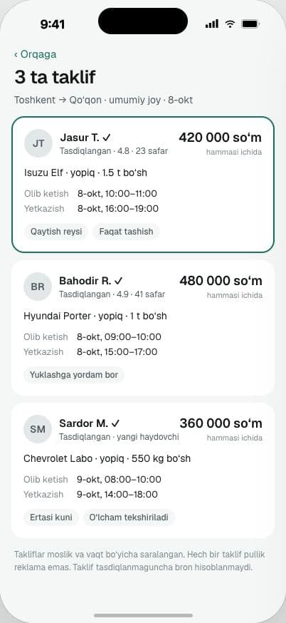 Uchta taklif ekrani