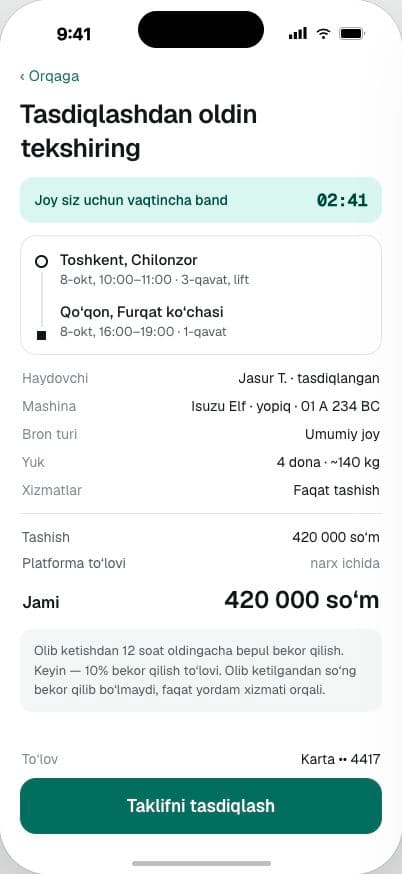 Ilova ekrani namunasi: Tasdiqlashdan oldin tekshirish ekrani