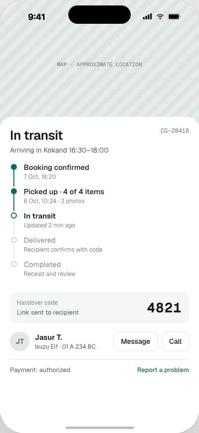 Booking in transit with handover code screen