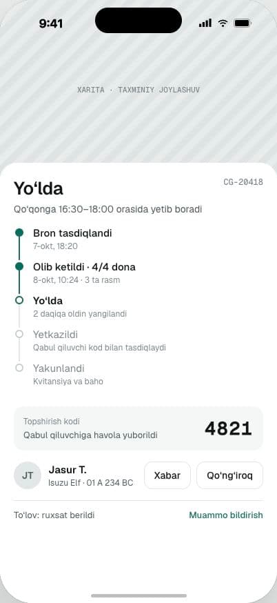 Yo‘ldagi bron va topshirish kodi ekrani